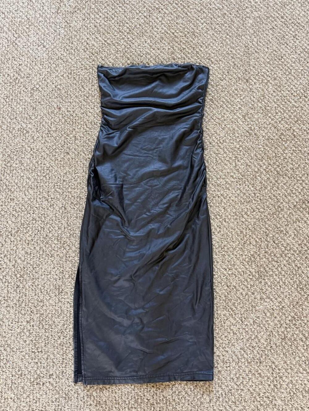 Black strapless homecoming prom midi dress with slit on the side